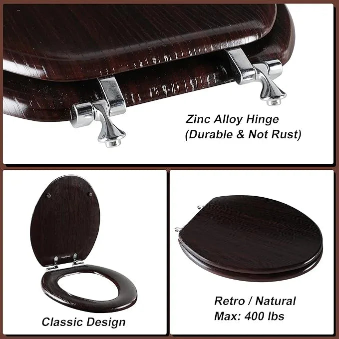 Elongated Toilet Seat Molded Wood Toilet Seat with Zinc Alloy Hinges, Easy to Install also Easy to Clean, Anti-pinch Wooden Toilet Seat by Angol Shiold (Elongated, Dark Brown) - ModernBath