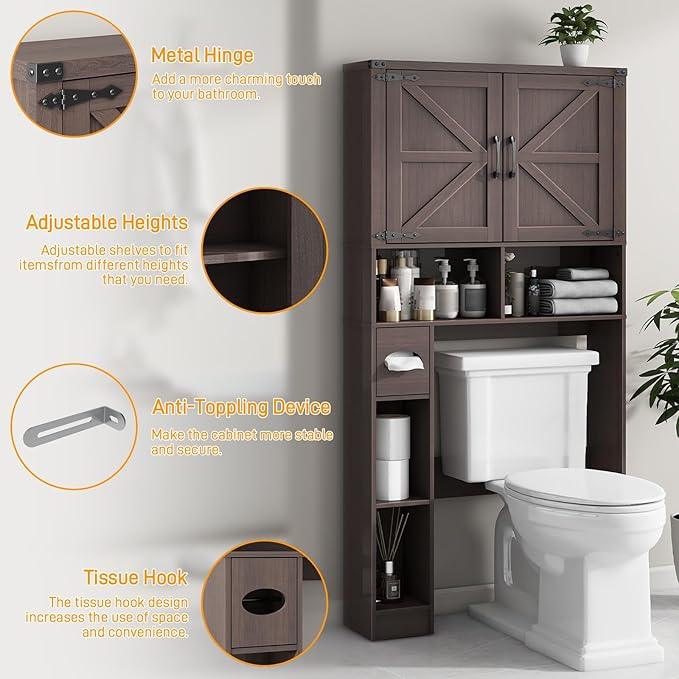 Vabches Over The Toilet Storage Cabinet, Farmhouse Storage Cabinet Over Toilet with 2 Barn Doors && Toilet Paper Holder Stand，Home Space-Saving Toilet Rack, for Laundry, Restroom, Bathroom.(Espresso) - ModernBath