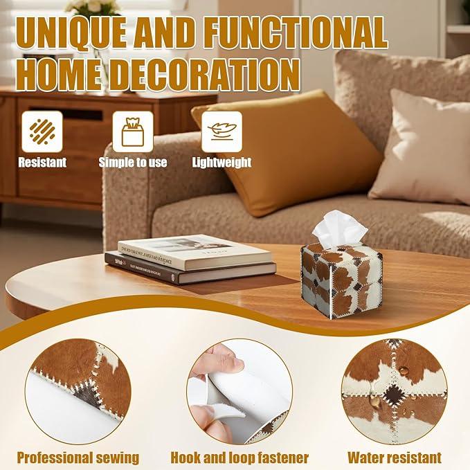 Brown Cowhide Tissue Box Cover 2PCS, Cow Skin Leather Tissue Box Holder Square Facial Paper Case Tissue Box Cube Organizer for Bathroom Bedroom Desk Office - ModernBath