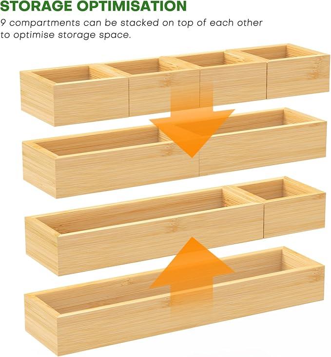 Bamboo Drawer Organizer Set, 9 PCS Multi-Use Individual Wood Storage Organizers, Junk Drawer Divider and Storage Trays Containers for Kitchen, Bathroom, Office Desk, Makeup, Jewelry, Utensils - ModernBath