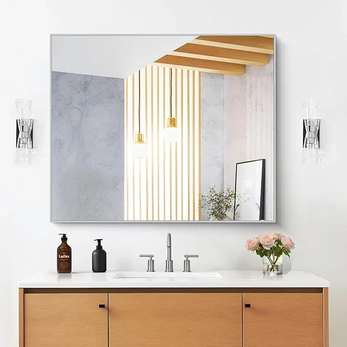 DESBING 30" x 36"Bathroom Mirror, Silver Rectangle Corner Wall Mirror with Metal Frame, Decorative Rectangular Vanity Mirror for Bedroom Bathroom Living Room Entryway (Horizontal/Vertical) - ModernBath