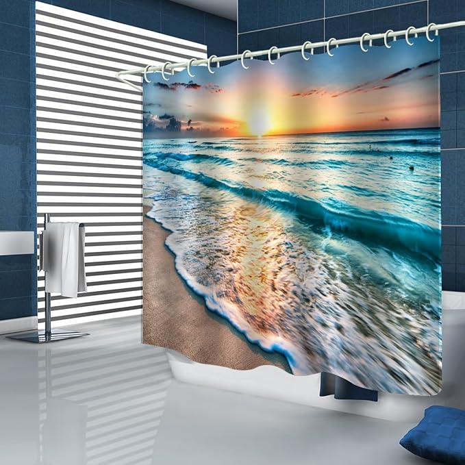 LYFANS Bathroom Uses Beach Sunset 3D Shower Curtain, Luxurious Bathtub Standard Shower Curtains, Waterproof and Bright Fabric Shower Curtains, Size (72x79 inches) - ModernBath