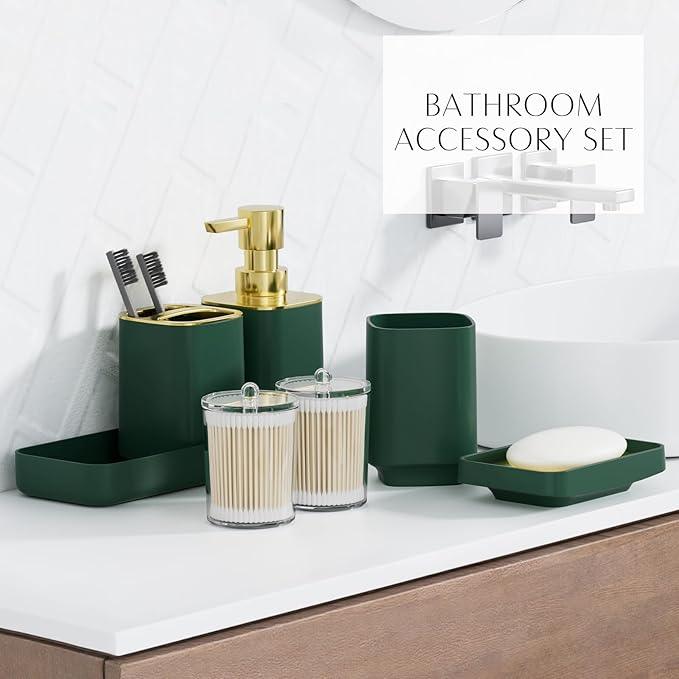 9PCS Bathroom Accessory Set, Dark Green Bathroom Set with Large-Capacity 4 Gallon Trash Can, Bathroom Accessories Set Complete, Toothbrush Holder, Soap Dispenser, Toilet Brush, Bathroom Decor - ModernBath