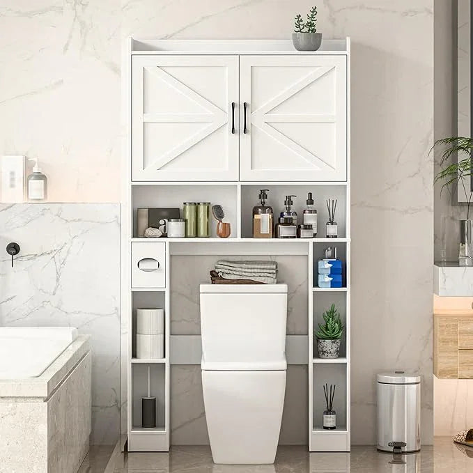 Over The Toilet Storage Cabinet, Farmhouse Toilet Cabinet Rack with Barn Doors, Space Saving Bathroom Organizer with Shelves, Toilet Paper Holder and Towel Rack for Bathroom,Restroom,Laundry（White） - ModernBath