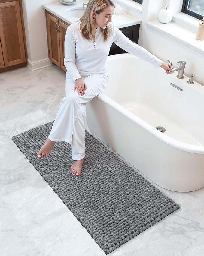 DEXI Bathroom Runner Rugs 24x60, Non Slip Washable Long Bath Mat, Luxury Chenille Super Absorbent Ultra Thick Bathmats for Shower Floor, Plush Fluffy Shaggy Carpet for Tub, Dark Grey - ModernBath