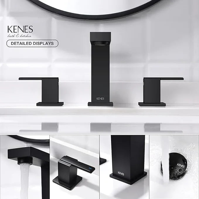 KENES Black Widespread Bathroom Faucet 3 Hole Bathroom Sink Faucet Matte Black Two Handle, 8-Inch 3 Pieces Bathroom Vanity Faucet with Pop Up Drain & Supply Lines, KE-9050-2-P - ModernBath