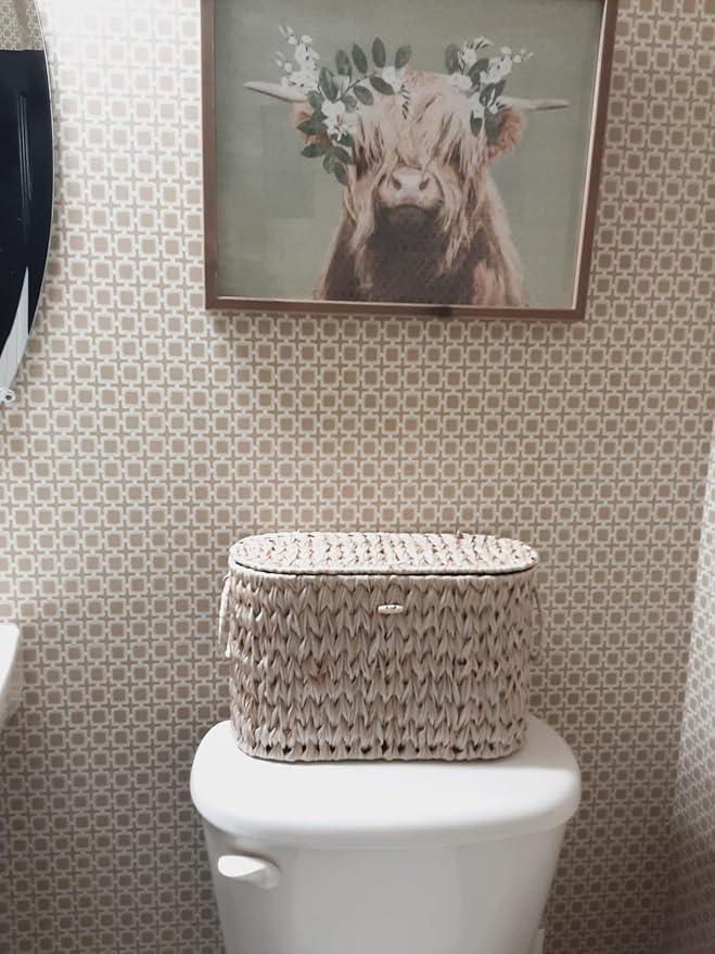 Toilet Paper Basket,Wicker Toilet Paper Storage with Lid,Decorative Boho Wicker Basket for Bathroom,Free Standing-Cream White - ModernBath