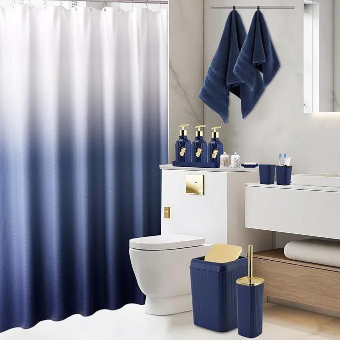 WSBArt 32PCS Bathroom Accessories Set Bathroom Set,Navy Blue Shower Curtain Set,Bath Towel Set,Hand Towel,Toilet Brush,Trash Can & 3PCS Soap Dispenser - ModernBath