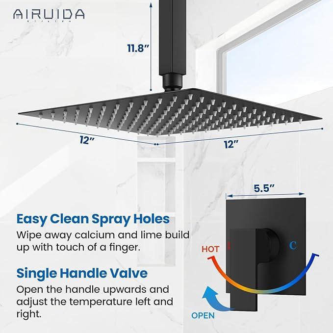 Airuida Shower Faucet Set and Handle Set Single Function Shower Trim Kit Ceiling Mount Rainfall Shower System with Male Threads and Rough-in Valve 12 Inch Square Shower Head Matte Black - ModernBath