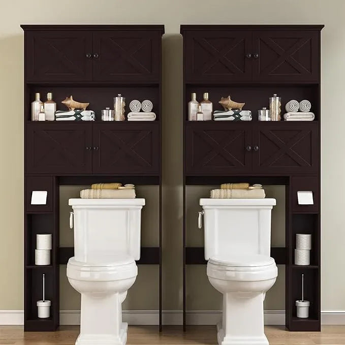 Over The Toilet Storage Cabinet, Farmhouse Storage Cabinet Over Toilet with 4 Barn Doors & Toilet Paper Holder Stand, Espresso Toilet Shelf Home Space Saver for Restroom, Bathroom, Laundry - ModernBath