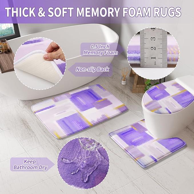 XLHOMO Bathroom Accessories Set - 25PC Bathroom Set with Shower Curtain and Rugs, Purple Bathroom Set, Bathroom Accessory Set with Press-on Lid Trash Can, Soap Dispenser and Qtip Holders - ModernBath
