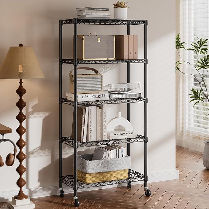 SINGAYE 5 Shelf Adjustable Heavy Duty Storage Shelving Unit with Wheels Steel Organizer Wire Rack Shelves Bathroom Organizers and Shelf Wire Closet Metal Pantry Kitchen Garage 14" DX30 WX70 H Black - ModernBath