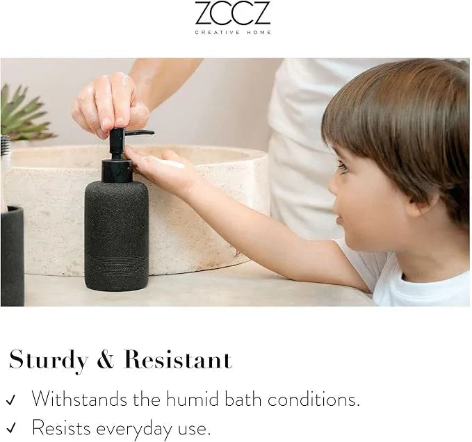 ZCCZ Black Stone Bathroom Accessories Set 6 Pieces - Toothbrush Holder, Lotion Dispenser, Qtip Container, Vanity Tray, Tumbler - Countertop Organizer for Bathrooms - Elegant and Functional Décor Set - ModernBath