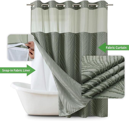 eachope no Hook Shower Curtain and Liner Set，Boho Style with See Through Top Window, SageGreen Fabric Tufted Striped Textured Outer Curtain & Waterproof Inner Liner, SageGreen, 71Wx77H - ModernBath