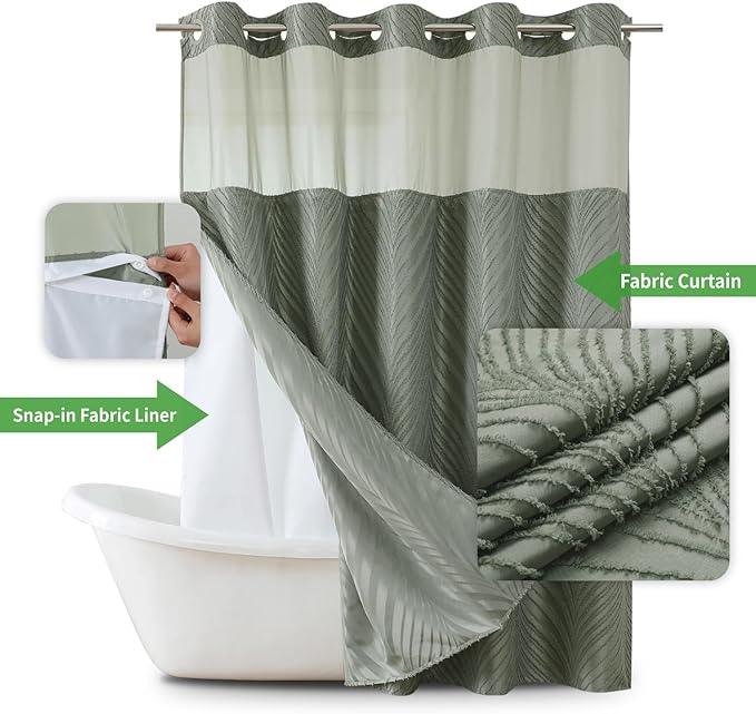 eachope no Hook Shower Curtain and Liner Set，Boho Style with See Through Top Window, Black Fabric Tufted Striped Textured Outer Curtain & Waterproof Inner Liner, SageGreen, 71Wx80H - ModernBath