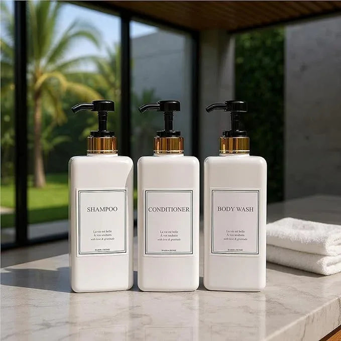 Shampoo and Conditioner Dispenser - Modern Gold Design Large 27oz Shower Soap Dispenser Set of 3, Refillable Empty Plastic Pump Bottles for Bathroom, 6 Waterproof Labels Included, Black - ModernBath