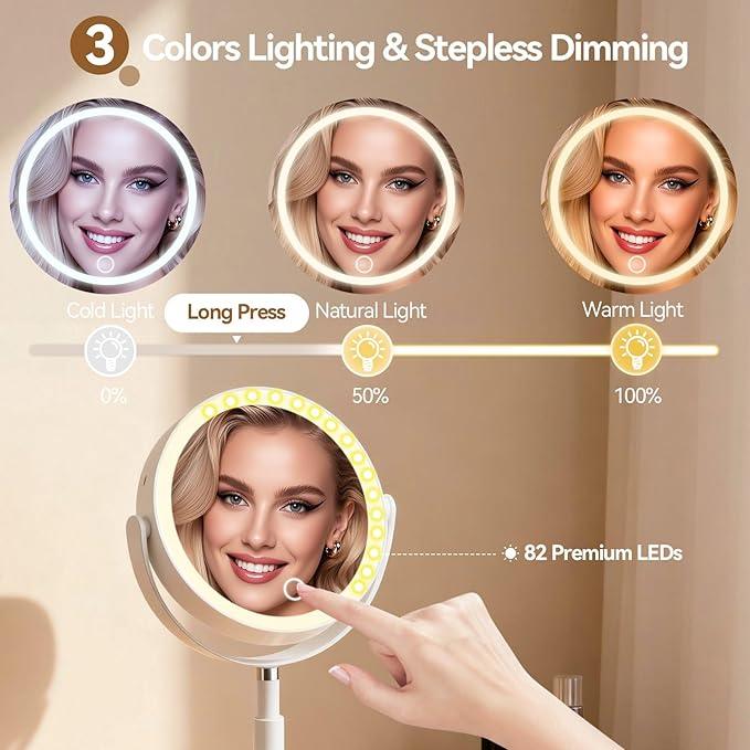 Shinowa Makeup Mirror with Lights, 1X/20X Lighted Magnifying Mirror with Storage for Makeup & Jewelry, 2-Sided Height Adjustable Vanity Mirror with 3 Color Lights, 360° Rotation & Rechargeable, White - ModernBath