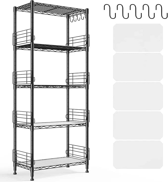 5 Tier Metal Shelving Unit Pantry Storage Shelves with Side Blockers Adjustable Metal Wire Shelf with Hooks & Shelf Linker Standing Storage Rack for Kitchen Pantry Bathroom Closet,13.8"Dx21.7"Wx59.1"H - ModernBath