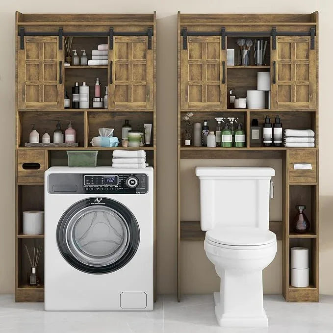 Over The Toilet Storage Cabinet, Farmhouse Storage Cabinet Over Toilet with Sliding Doors，Home Space-Saving Toilet Rack, for Bathroom, Restroom, Laundry(Brown - ModernBath