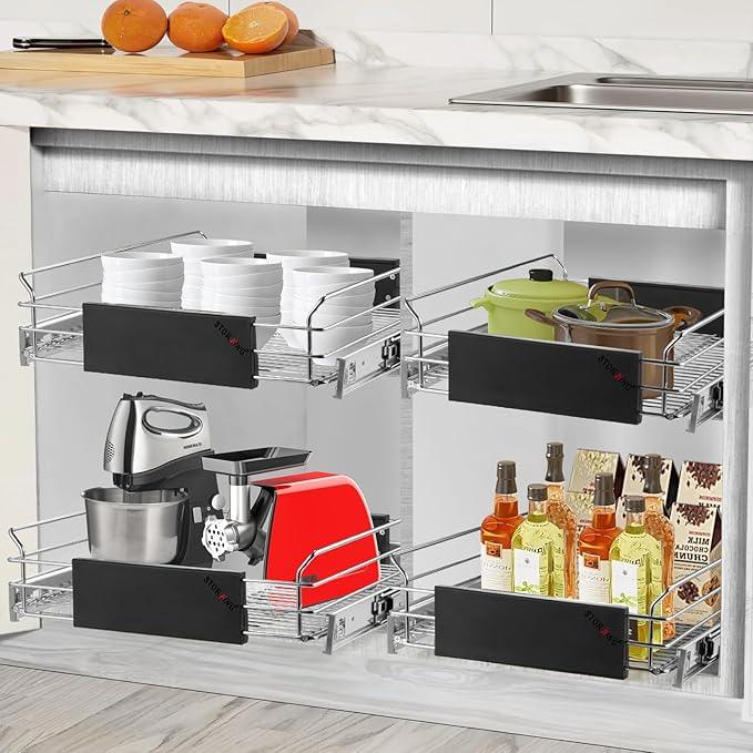Expandable Pull Out Cabinet Organizer, Slide Out Drawers for Kitchen Cabinets, Heavy Duty Storage Drawers, Chrome Plated Cabinet Wire Shelf, Adjustable Width 12.5~20.2" W x 17.3" D - ModernBath