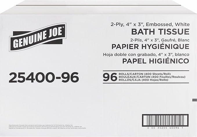 Genuine Joe Standard Bath Tissue, 3" x 4", 2-Ply, 400 Sheets/Roll, 96 Count - ModernBath