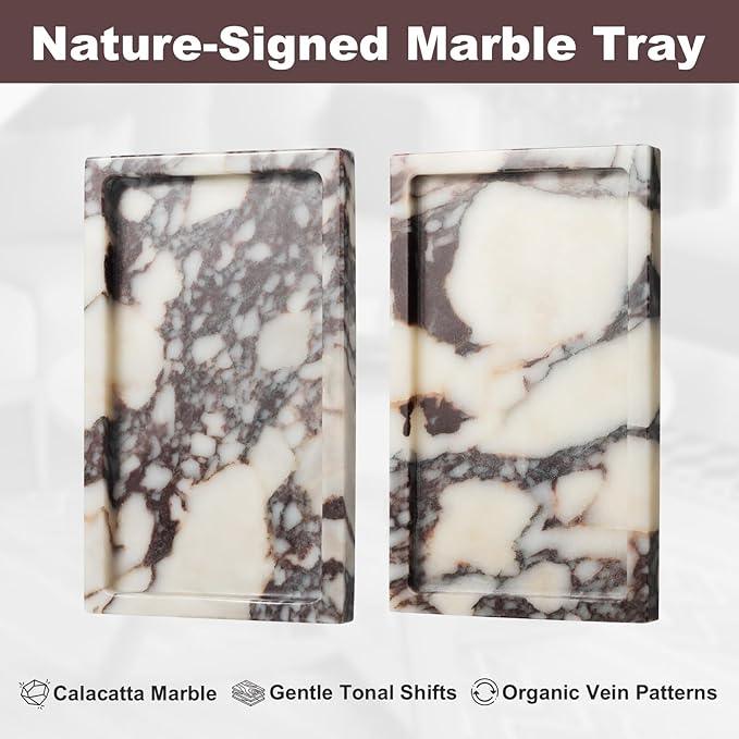 Natural Calacatta Viola Marble Tray 10"x6" Rectangular - Non-Resin Bathroom Vanity Organizer & Office Desk Tray | Waterproof Stone Serving Platter for Jewelry/Perfume (Purple Portoro) - ModernBath