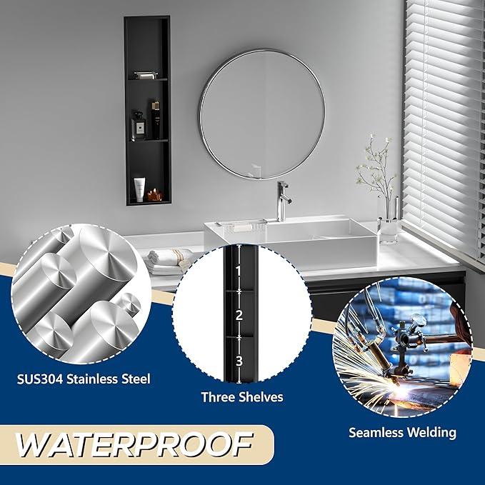 Qeke Stainless Steel Shower Niche 8" X 36", No Tile Needed Wall Niche Three-Tier, Recessed Shower Shelf for Bathroom Storage, Matte Black - ModernBath