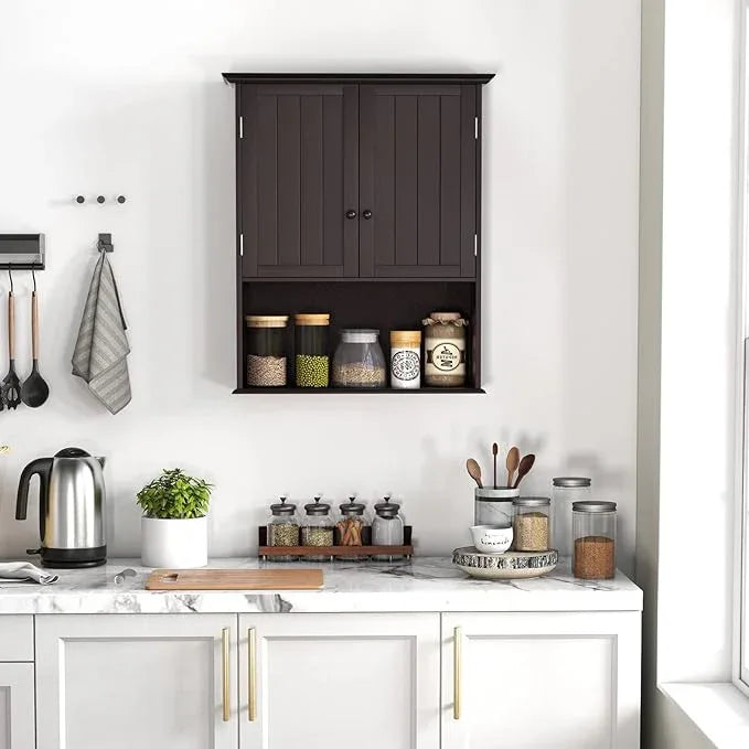 COSTWAY Wall Mounted Bathroom Cabinet, Over The Toilet Storage Cabinet w/Double Doors & Adjustable Shelf, Wood Hanging Medicine Cabinet for Living Room, Entryway, Kitchen (Brown) - ModernBath