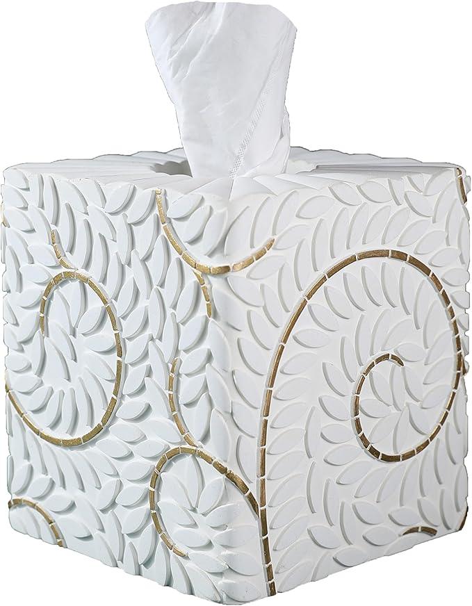 Huitony Square Tissue Box Cover Decorative Klenex Box Holder for Bathroom & Living Room with Handcrafted Texture (White&Gold) - ModernBath