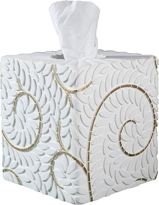 Huitony Square Tissue Box Cover Decorative Klenex Box Holder for Bathroom & Living Room with Handcrafted Texture (White&Gold) - ModernBath