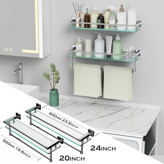 24 Inches Floating Glass Shelves for Wall with Towel Bar/Track, SUS 304 Stainless Steel Railing Tempered Glass Shelf, for Toilet, Room Decor Modern (Chrome Polished, 24-inch) - ModernBath