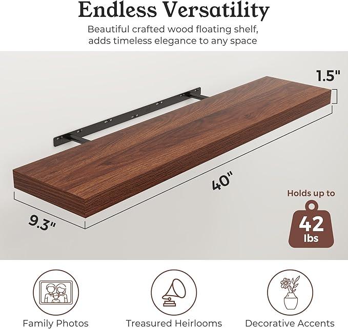 Floating Shelves for Wall, Wall Mounted Rustic Wood Shelves for Bathroom, Bedroom, Living Room, Kitchen, Hanging Shelf for Books/Storage/Room Decor (Walnut, 40") - ModernBath