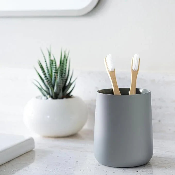 Yew Design Matte Gray Toothbrush and Toothpaste Holder and Cup for Bathroom Vanity and Countertop, Round Organizer for Electric Toothbrushes, Floss, Razors, Cotton, and Mouthwash - ModernBath