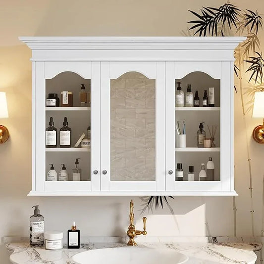 Merax Wall Mounted Bathroom Medicine Cabinet with Mirror, 40" x 28" Bathroom Wall Cabinet with Storage, Glass Doors and Adjustable Shelves, Mirrored Door Over The Toilet Storage Cabinet - ModernBath