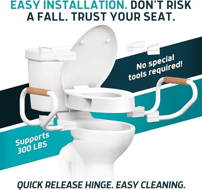 Lunderg Raised Toilet Seat with Handles - Elongated - Easy to Install Toilet Seat Risers for Seniors - Adds 3 Inches & Works like the one you’ve always used - Elegant design - No Hospital Vibe - ModernBath