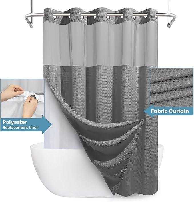 EUTXL Grey Shower Curtain and Liner Set - 230GSM Waffle Weave Textured Heavy Duty,Hotel Luxury Weighted Bath Curtain,71W x 74H - ModernBath