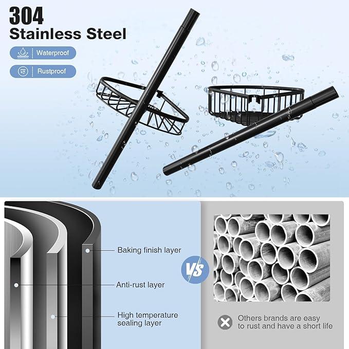 Corner Shower Caddy Tension Pole: Stainless Steel Rustproof 4-Tier Shower Organizer - 47-121 inch Adjustable Bathroom Shelves for Bathtub Shampoo Storage - Tension Rod Floor Standing Bath Rack - Black - ModernBath