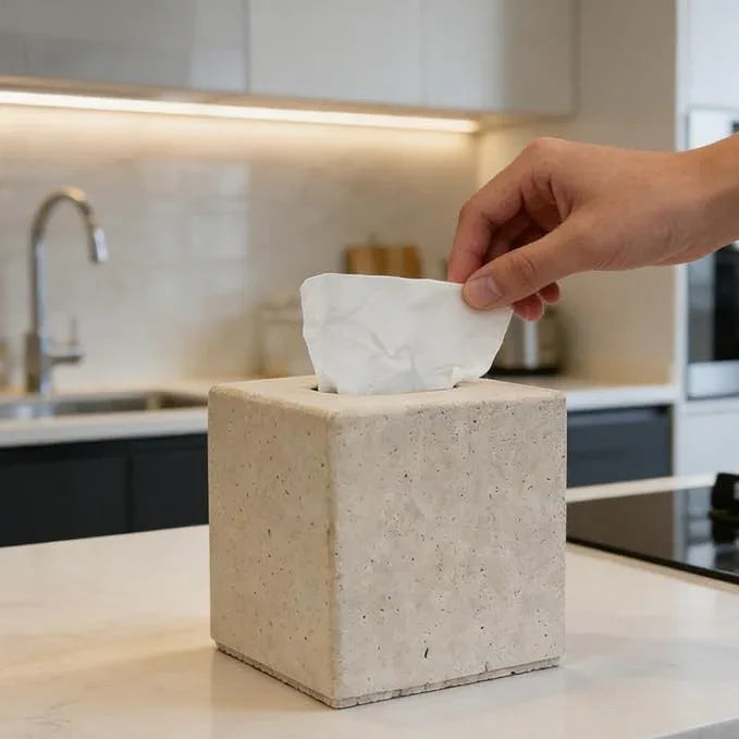 Travertine Tissue Box Cover, Vintage Style Napkin Holder, Square Tissue Box with Acrylic Board Bottom, Natural Heaty Duty Stone Toilet Paper Holder for Bathroom, Bedroom, Living Room - ModernBath