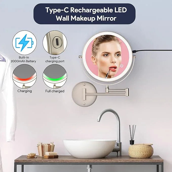 Rocollos 9" Wall Mounted Lighted Makeup Mirror, Large Double Sided 1X/10X Magnifying Mirror, 3 Color LED Vanity Mirror, Touch Dimmable 360° Swivel Light Up for Bathroom - ModernBath