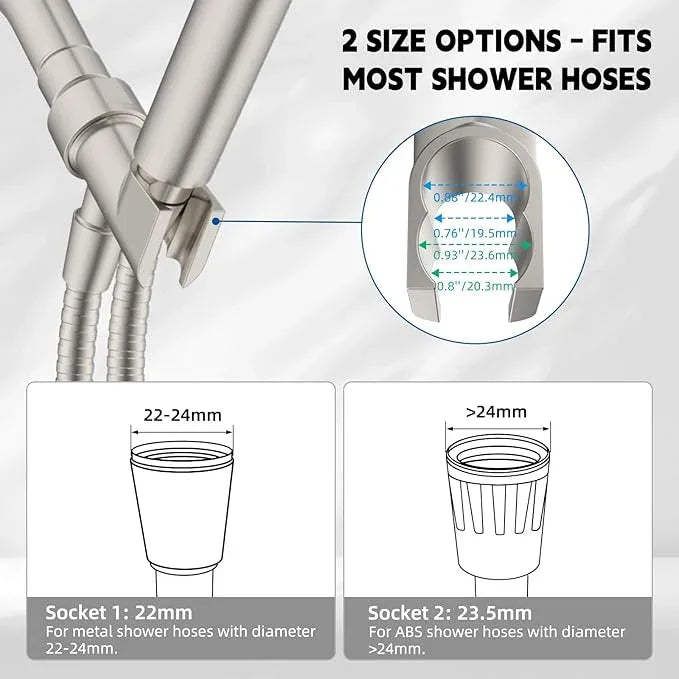 Hibbent Universal All Metal Handheld Shower Head Holder, Adjustable Solid Brass Shower Wand Holder, 2 Size Shower Bracket Holes for Bathroom, Fits All Showerhead Hoses & Shower Arm, Brushed Nickel - ModernBath