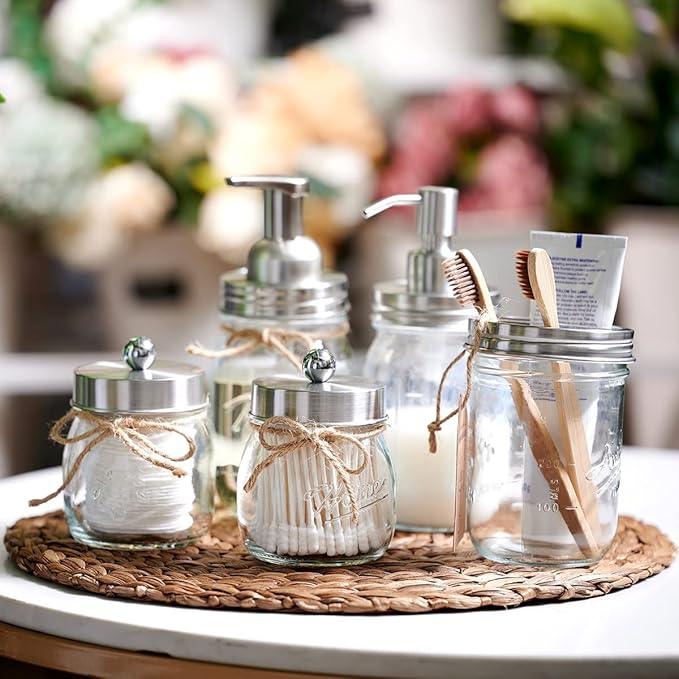 Amolliar Mason Jar Bathroom Accessories Set 4Pc - Foaming Soap Dispenser&2 Qtip Holders&Toothbrush Holder-Rustic Farmhouse Decor Bathroom Organizer Apothecary Jar Country Countertop (Brushed Nickel) - ModernBath