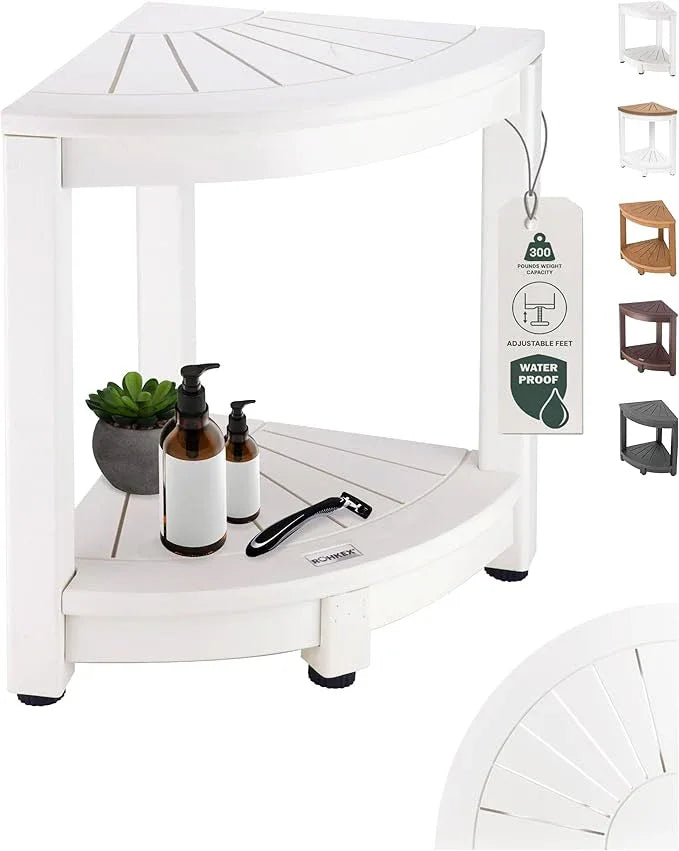 ROHKEX Waterproof Corner Shower Stool - Shower Bench (White HDPE, Corner Stool) - Waterproof Slatted Surface for Efficient Drainage - for Indoor and Outdoor Use, Decor Gift for Home and Mom - ModernBath