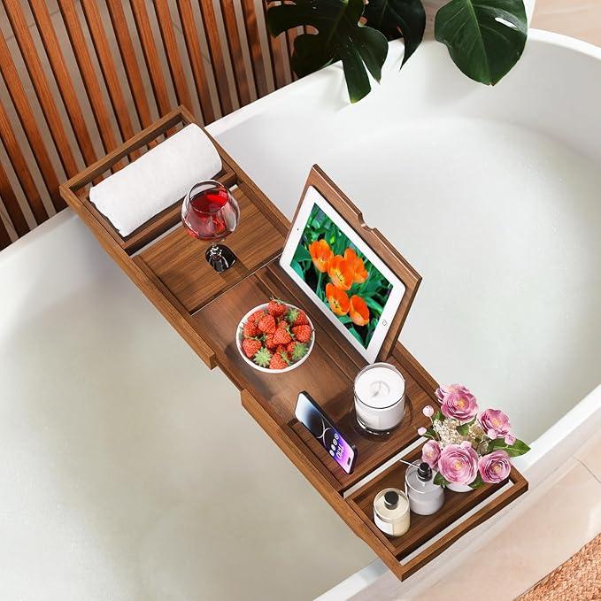 Wooden Bathtub Tray for Luxury Bathroom, Expandable Premium Teak Bath Tray, Adjustable Bath Accessories for Tub, as Unique Housewarming, Holiday, Birthday Gifts - ModernBath