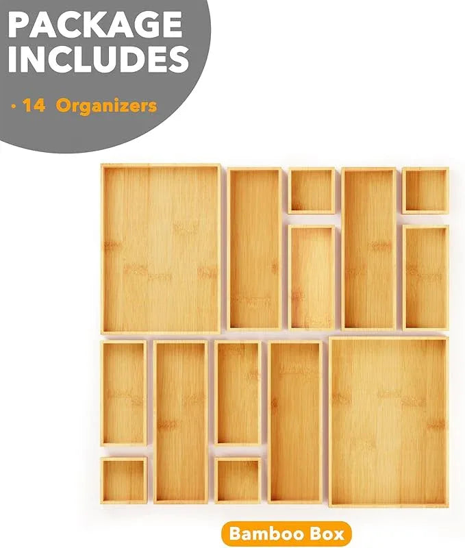 SpaceAid 14-Piece Bamboo Drawer Organizer Storage Boxes Set, Wood Tray Junk Drawer Organizers Multi-Use Divider Bins for Kitchen, Bathroom, Office Desk and Makeup Organization (14 Pack, Natural) - ModernBath