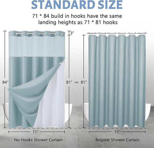 Extra Long Waterproof Bath Curtain 71x84 Fabric,Cloth Shower Liner with 12 Snap Buttons, Magnetic Hem with Fog Blue Waffle Weave Texture,No Hook Hotel Grade Machine Washable Curtain,Top Sheer Window. - ModernBath