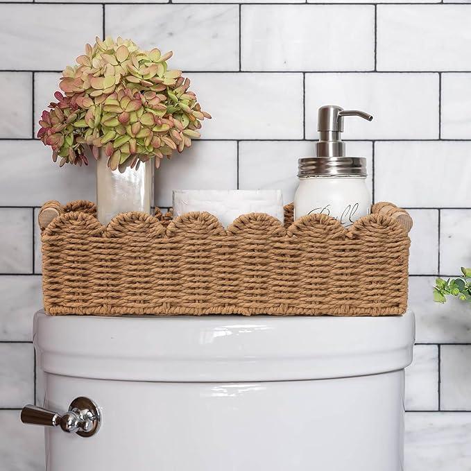 CubesLand Paper Rope Scalloped Edge Toilet Paper Storage Basket, Small Living Room, Bedroom Decor Baskets for Over Toilet Storage Shelf, End Table, Shelves and More, with 2 Wooden Handle, Neutral - ModernBath