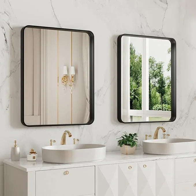 LOAAO 20X16 Inch Black Metal Framed Bathroom Mirror for Wall, Matte Black Bathroom Vanity Mirror Farmhouse, Large Rounded Rectangle Mirror, Anti-Rust, Hangs Horizontally or Vertically - ModernBath