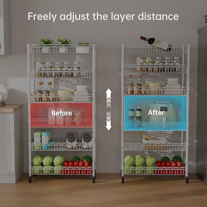 6 Shelves Storage Shelf Wire Closet Bathroom Organizers Metal Pantry Kitchen Garage Shelving Unit Laundry Room Organization Home Rack Net Basket White with Wheels 30" Dx14 Wx65 H - ModernBath