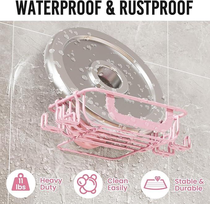 LEVERLOC Soap Holder Dish with Hooks for Shower, Bar Suction Cup Soap Tray Wall Mounted, Rustproof Stainless Steel Sponge Holder Caddy for Bathroom Bathtub Kitchen Sink, Pink - ModernBath