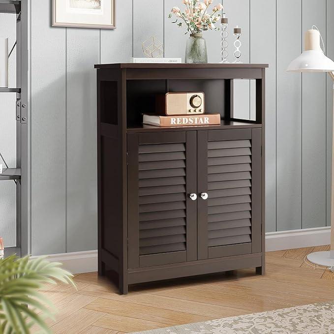 LDAILY Freestanding Bathroom Organizer, Double Shutter Doors, Adjustable Shelf, Wooden Floor Cabinet, Brown - ModernBath